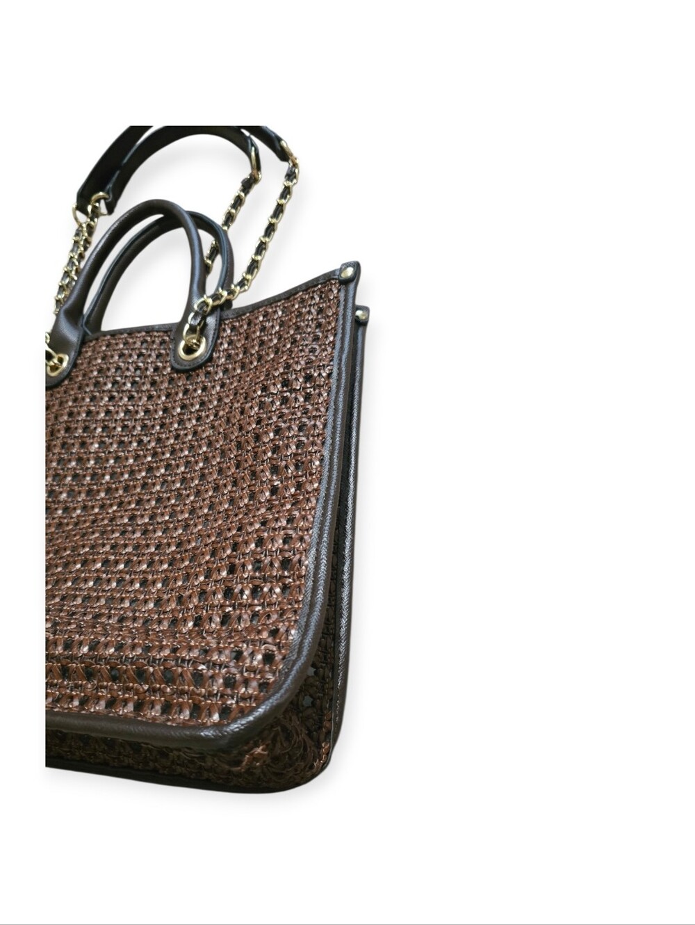 Steve Madden Brown Woven Tote with Black Trim and Gold Chain - Picture 3 of 10